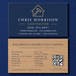 Cartão De Visita Wood Building Construction Navy Blue Gold QR Code
