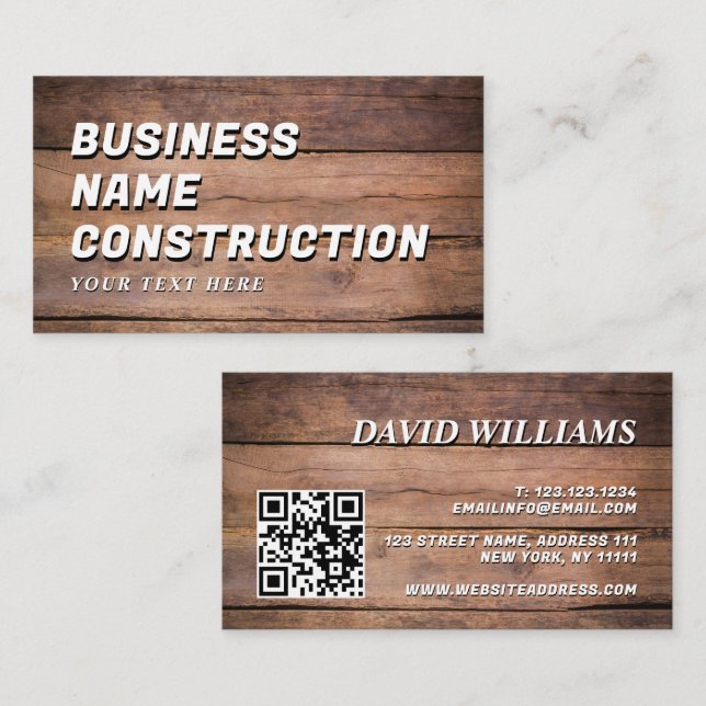 Cartão De Visita Wood Construction QR Code Bold Rustic (Frente/Verso)