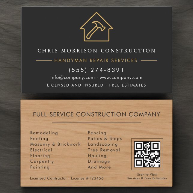 Cartão De Visita Wood Handyman Construction Black Gold QR Code (Criador carregado)
