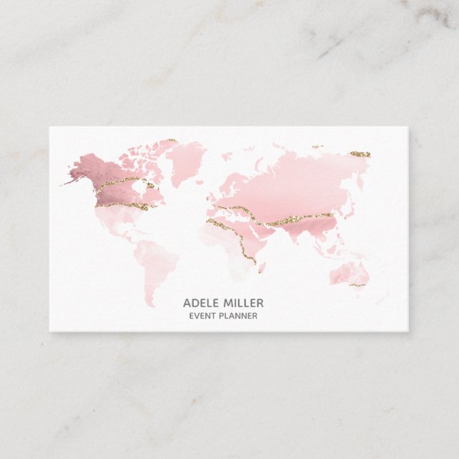 Cartão De Visita World Map Agate Pink Event Planner Viagem Blogger (Frente)