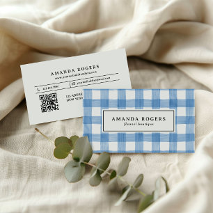 Cartão De Visita Xadrez de Búfalo em Aquarela Azul FLANEL QR CODE
