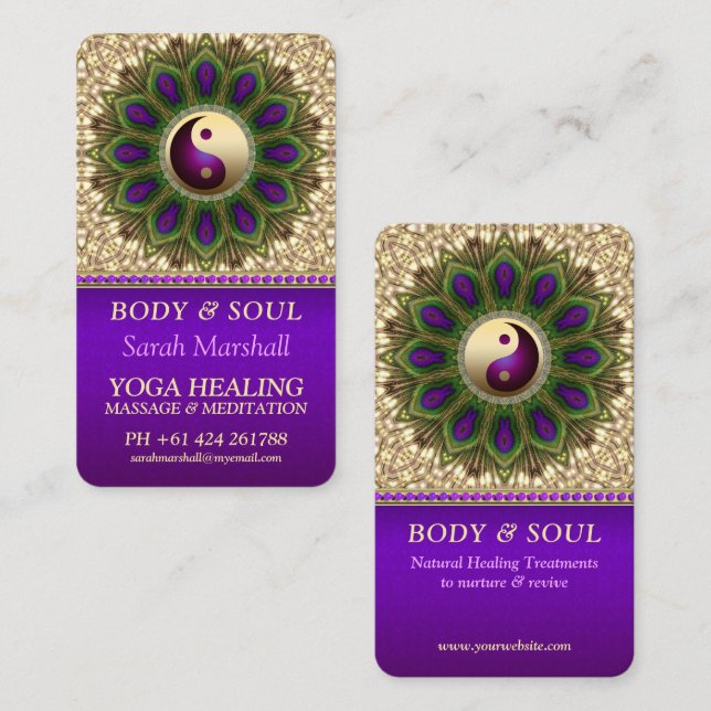 Cartão De Visita Yin Yang Balance Purple Green Peacock Mandala (Frente/Verso)