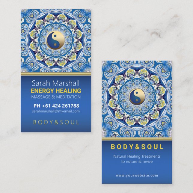 Cartão De Visita Yin Yang Energy Healing Blue Yellow Mandala (Frente/Verso)