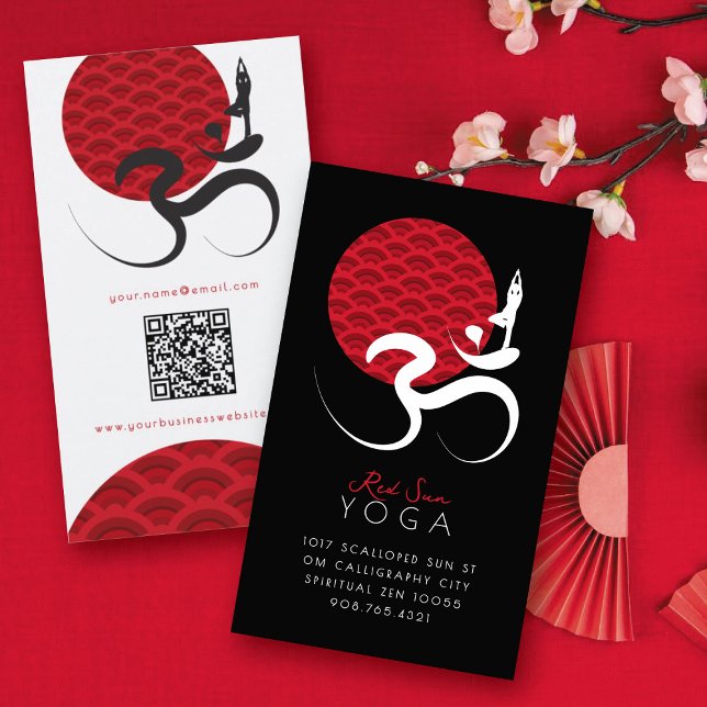 Cartão De Visita Yoga do Sol Vermelho Asiático e Caligrafia Zen Mod (Red Sun Yoga Spiritual Indian Meditate Om Aum Calligraphy Logo Business Card @ fatfatin)