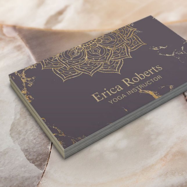 Cartão De Visita Yoga Dourada Lotus Mandala Trendy Purple Marble (Criador carregado)