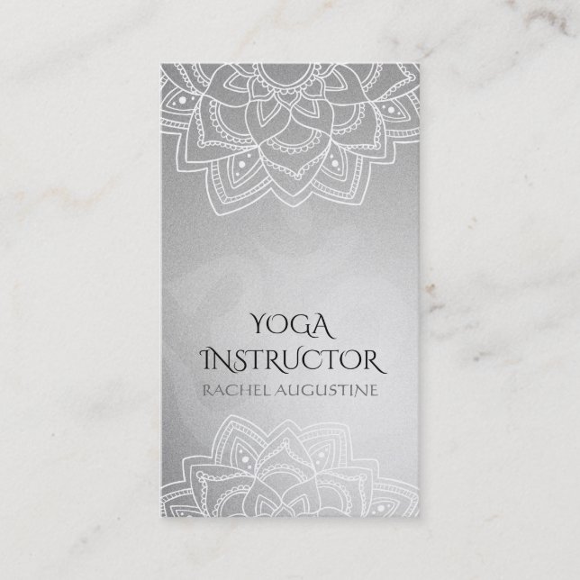 Cartão De Visita Yoga Floral Mandala Om Símbolo Silver Foil (Frente)