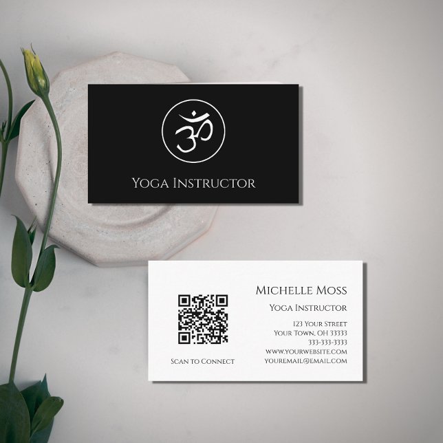 Cartão De Visita Yoga Instrutor Om Símbolo QR código Preto Branco (Criador carregado)
