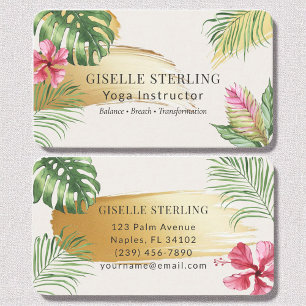Cartão De Visita Yoga Instrutor Tropical Dourada Brushing Watercolo