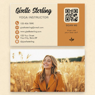 Cartão De Visita Yoga Instrutor Yellow Orange Código QR Foto
