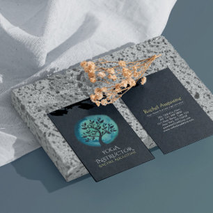 Cartão De Visita Yoga Meditation Instrutor Elegante Black Teal Tree