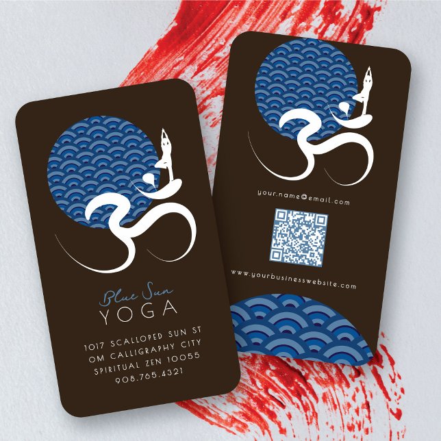 Cartão De Visita Yoga Moderna Zen Yoga Azul Asiática Caligrafia Om  (Blue Sun Yoga Spiritual Indian Modern Zen Calligraphy Writing Om Aum Symbol Business Card @ fatfatin)