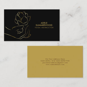 Cartão De Visita Yoga Theme Dourada Linha de Mão e Flor de Lotus