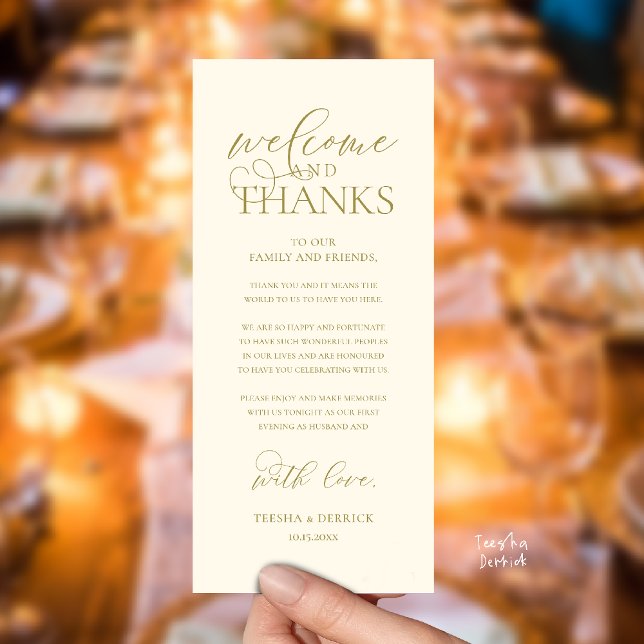 Cartão de Visitante de Recepção "Bem-vindo e Obrig ("Welcome and Thanks" Classy Wedding Romantic Reception Guest Card in yellow gold)