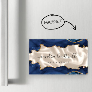 Cartão De Visitas Magnético Ágata Azul Marinho Brilho Dourado Luxo Marfim