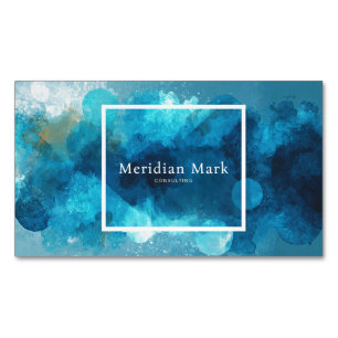 Cartão De Visitas Magnético Aquarela Azul Abstrata com Salpicos Dourados Moder