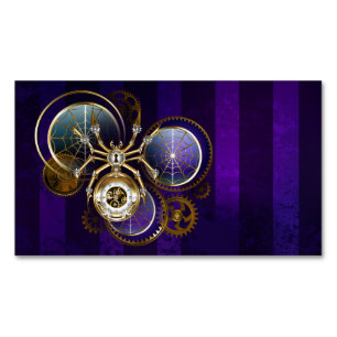 Cartão De Visitas Magnético Aranha Steampunk no fundo roxo