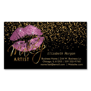 Cartão De Visitas Magnético Artista Makeup com Confetti Dourado e Lábios Tão