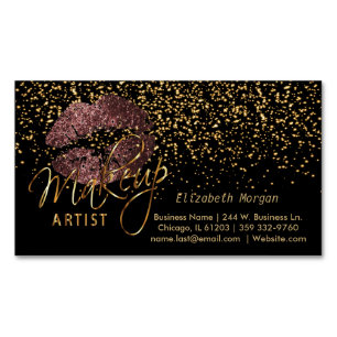 Cartão De Visitas Magnético Artista Makeup com Lábios Confetti Dourados e Ros