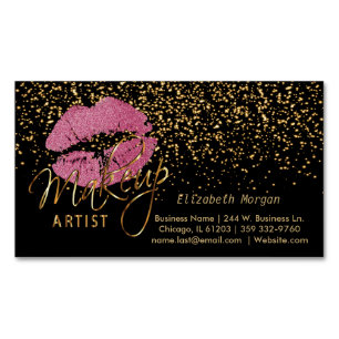 Cartão De Visitas Magnético Artista Makeup - Confetti Dourado e Lábios Rosa B