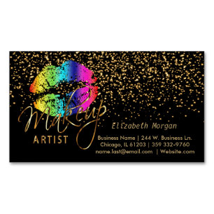 Cartão De Visitas Magnético Artista Makeup - Lábios Dourados Confetti & Rainb