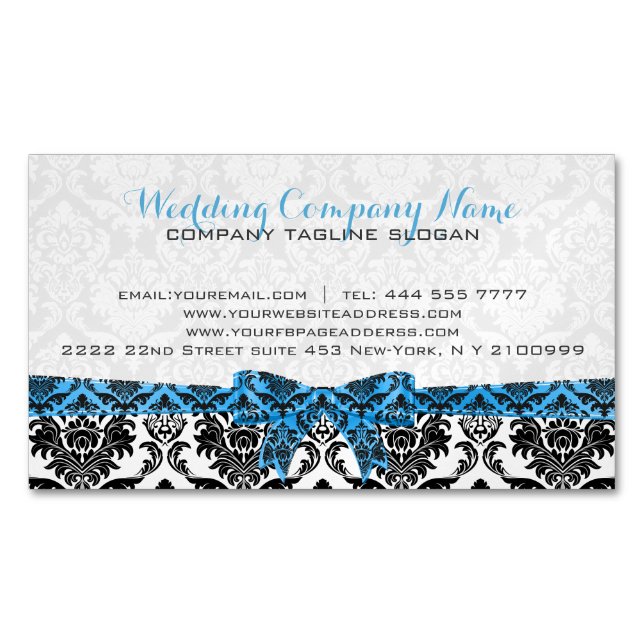 Cartão De Visitas Magnético Azul Elegante Fita Preta e Damasco Branco (Frente)