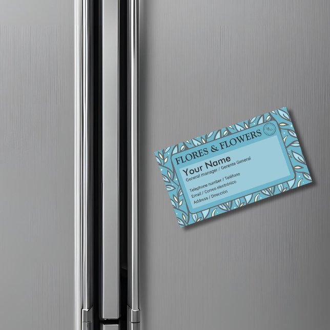 Cartão De Visitas Magnético Azul sai bilíngue (Blue leaves business card Spanish, personalized text. tajetas comerciales magneticas multilingual)