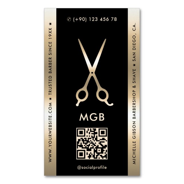 Cartão De Visitas Magnético Barbearia Elegante Tesoura Dourada Negra (Frente Vertical)