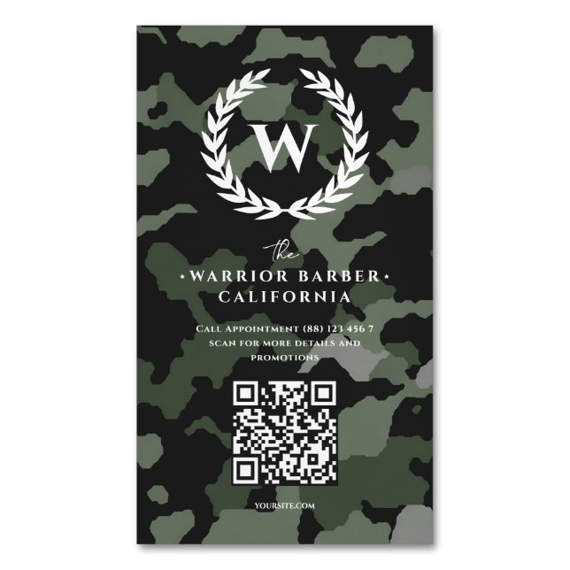 Cartão De Visitas Magnético Barbearia Moderna Monograma Camouflage Barber (Frente Vertical)