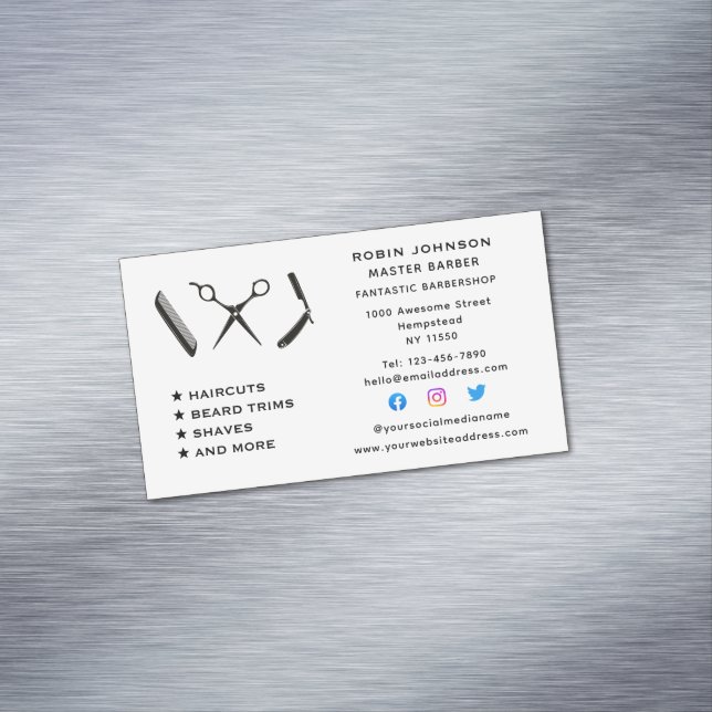 Cartão De Visitas Magnético Barber Barbershop Beard Trim Shave Social Media (Posição Original)