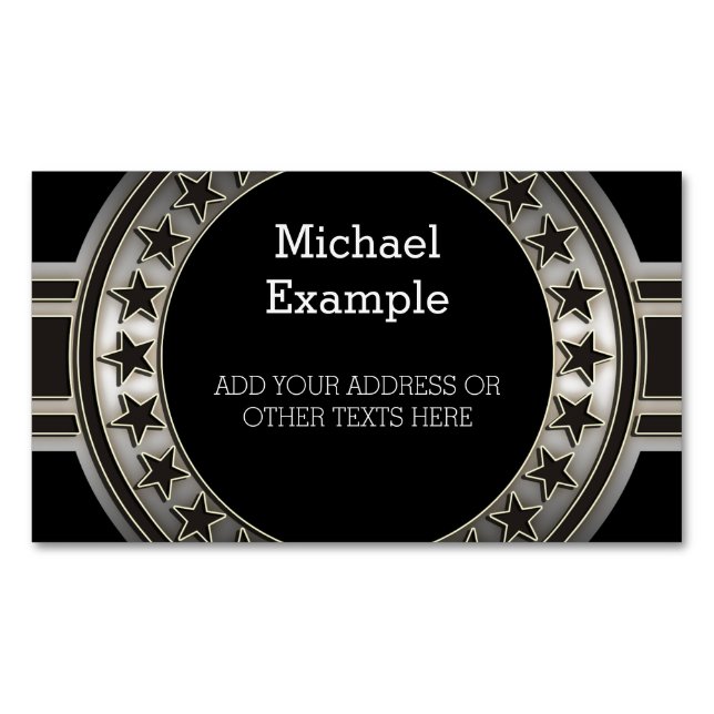 Cartão De Visitas Magnético Botão/faixa - Estrelas de preto prateado + seu fun (Frente)