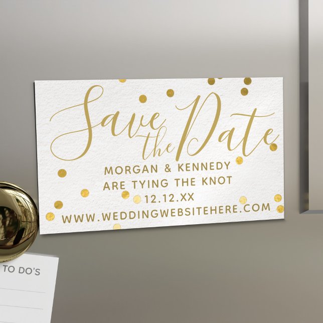 Cartão De Visitas Magnético Bridal Blush Dourado Confetti Magnético Salve As D (Add your Save the Date details to this pretty blush pink and gold business card sized magnets)