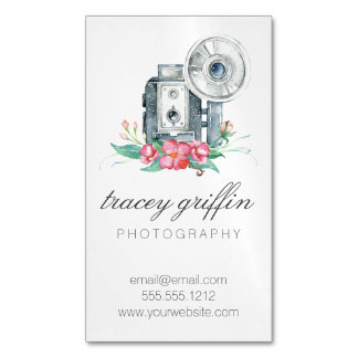 Cartão De Visitas Magnético Câmera Vintage Watercolor e Flores