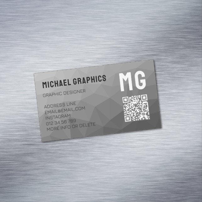 Cartão De Visitas Magnético Código QR com padrão de malha geométrica cinza (Posição Original)