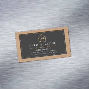 Cartão De Visitas Magnético Código QR de Construção Civil Black Gold Wood
