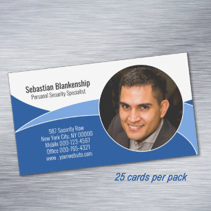Cartão De Visitas Magnético Código QR de Foto Personalizado Azul Segurança Pro