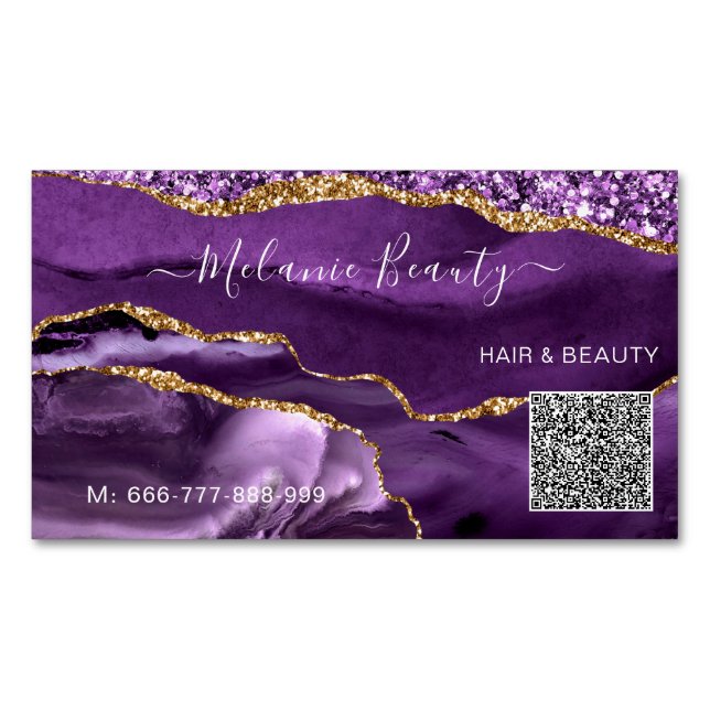 Cartão De Visitas Magnético Código QR Dourado Roxo Modelo de cartão de negócio (Frente)