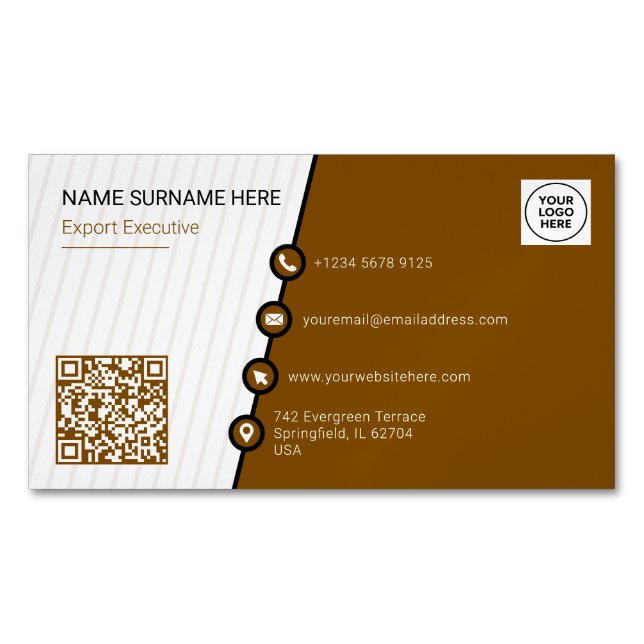 Cartão De Visitas Magnético Código QR Formal Simples Marrom (Frente)