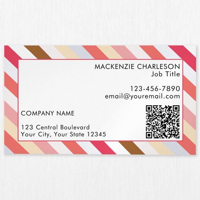 Cartão De Visitas Magnético Código QR Moderno de Stripe Diagonal (Diagonal candy stripe business card magnet with QR code in muted colors.)