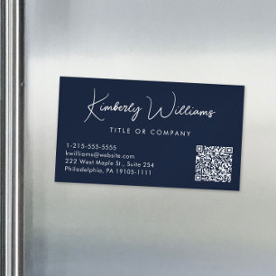 Cartão De Visitas Magnético Código QR Professional de Script Mínimo Azul