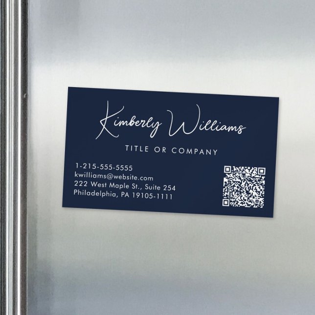 Cartão De Visitas Magnético Código QR Professional de Script Mínimo Azul (Criador carregado)