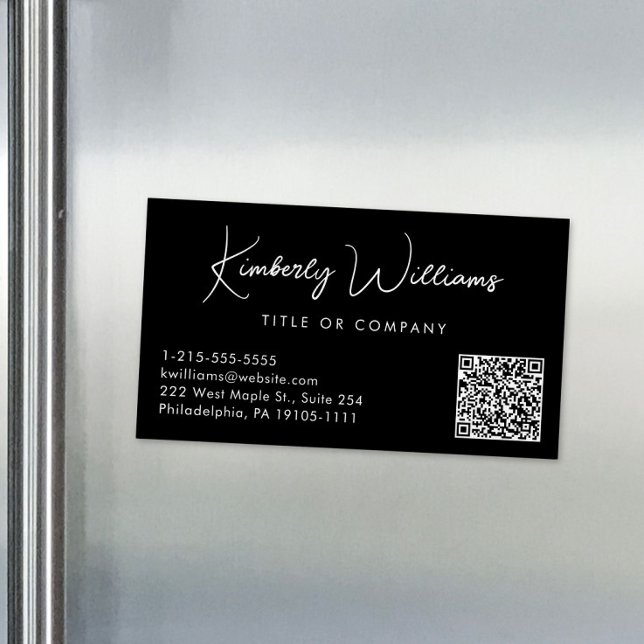 Cartão De Visitas Magnético Código QR Professional de Script Mínimo preto (Criador carregado)