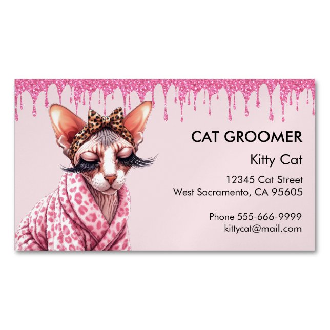 Cartão De Visitas Magnético Coleta Rosa do Serviço de Glitter de Cat Sphynx Ch (Frente)