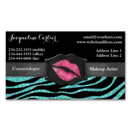 Cartão De Visitas Magnético Cosmetólogo Elegante Aqua Zebra Glitter Kiss
