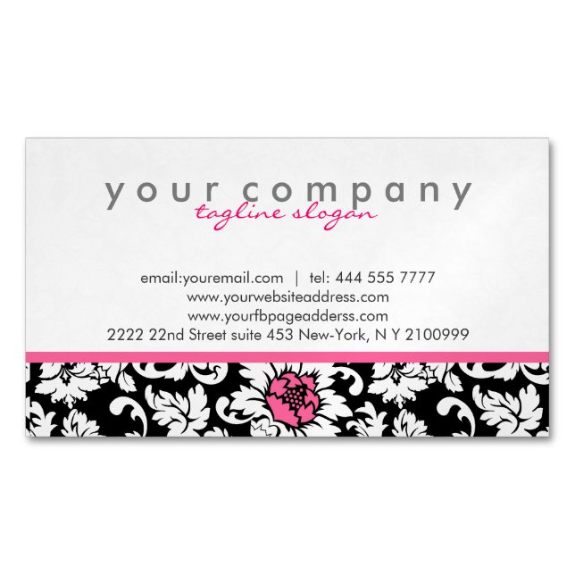 Cartão De Visitas Magnético Damascos Florais Elegantes Pretos E Brancos (Frente)