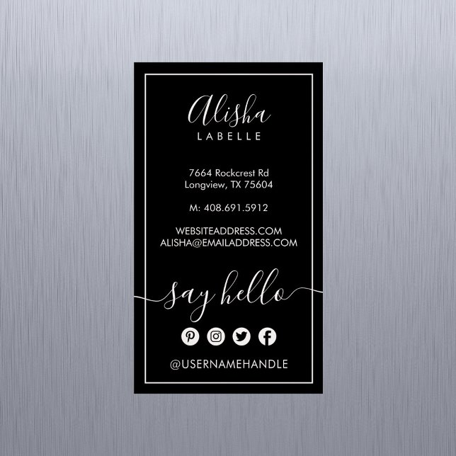 Cartão De Visitas Magnético Diga Olá | Elegante Preto e Esbranquiçado Social R (Say Hello | Elegant Black & Blush Pink Social Business Card Magnet)