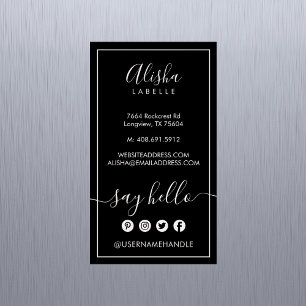 Cartão De Visitas Magnético Diga olá! preto elegante de & core Social