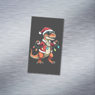 Cartão De Visitas Magnético Dinossauro Envolvido com Luzes de Natal Santa Hat