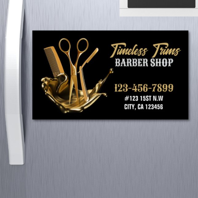 Cartão De Visitas Magnético Dourada Tesoura Barbershop Hairdresser Compro Barb (Gold Scissors Barbershop Hairdresser Barber Shop Business Card Magnet)