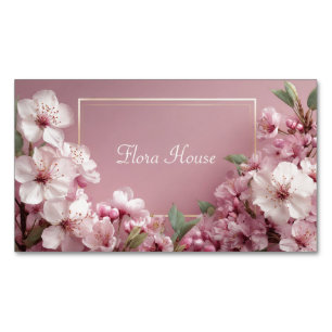 Cartão De Visitas Magnético Dourado Flor de Cerejeira Moldura Rosa Empoeirado 