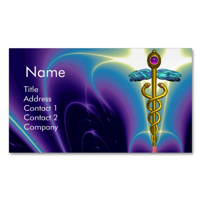 Cartão De Visitas Magnético DOURADO SÍMBOLO CADUEUS / Azul Roxo (Frente)